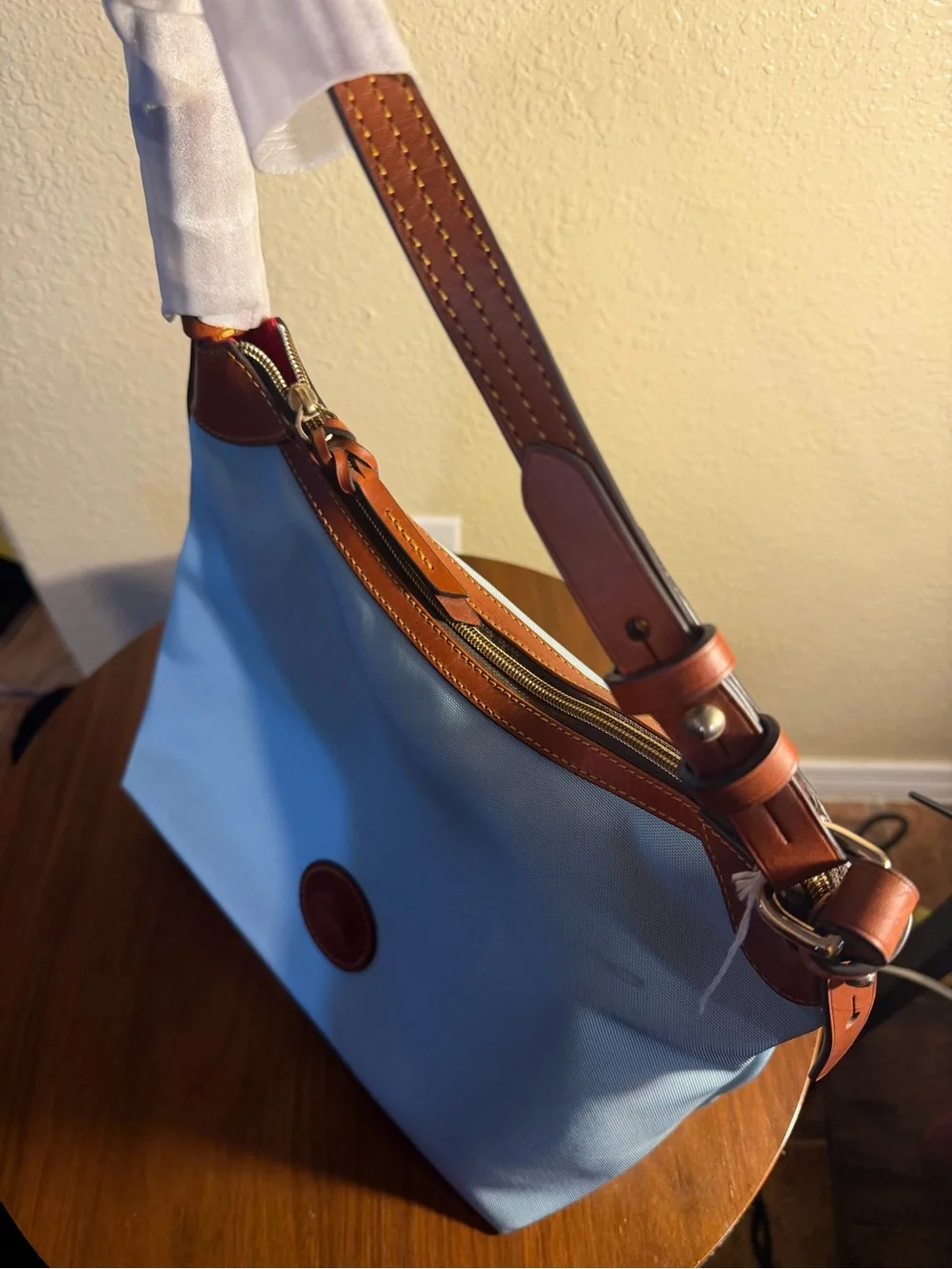 Dooney & Bourke Light Blue Shoulder Bag with Brown Leather Trim